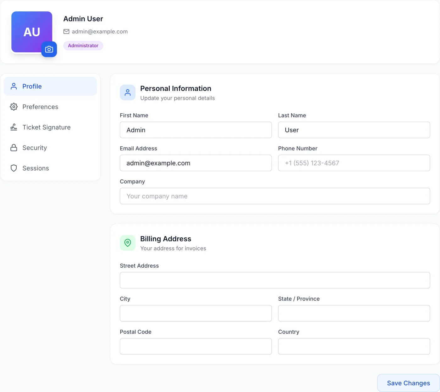 The Account page showing a profile header with avatar, name, email and an Administrator badge, a left-side section menu (Profile, Preferences, Ticket Signature, Security, Sessions), and the Personal Information and Billing Address forms.
