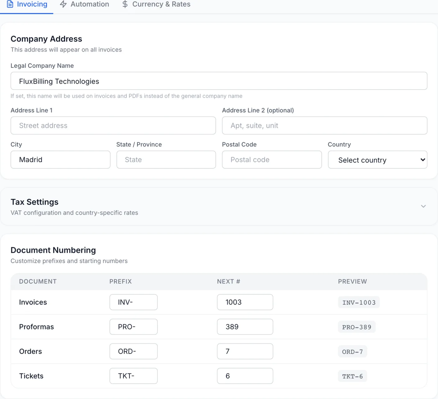 FluxBilling Billing settings page showing the Invoicing, Automation, and Currency & Rates tabs with company address, tax settings, and document numbering sections