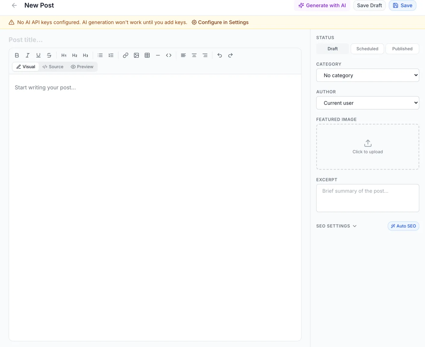 The Blog Editor showing a large title field and rich-text body on the left, with a sidebar on the right holding Status pills, Category, Author, Featured Image, Excerpt, and SEO Settings