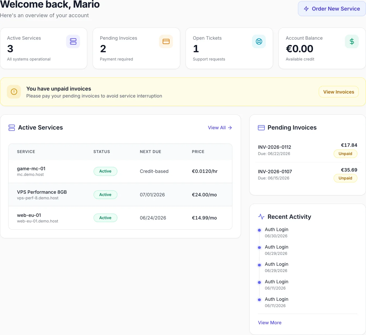 Client portal dashboard showing four summary cards for active services, pending invoices, open tickets, and account balance, with an active services table and recent activity feed below