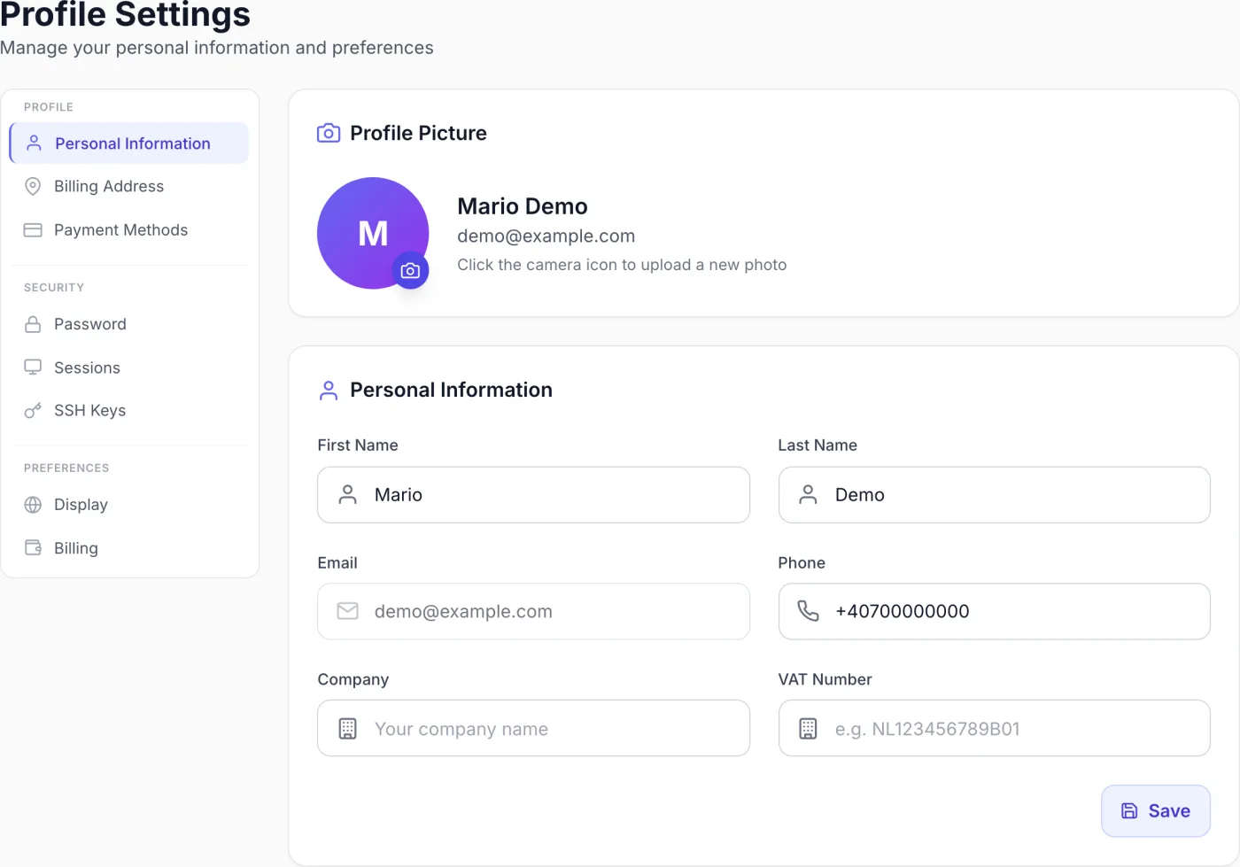 Client profile settings page with a left-hand menu grouped into Profile, Security, Team and Preferences, showing the personal information form with name, email, phone, company and VAT fields