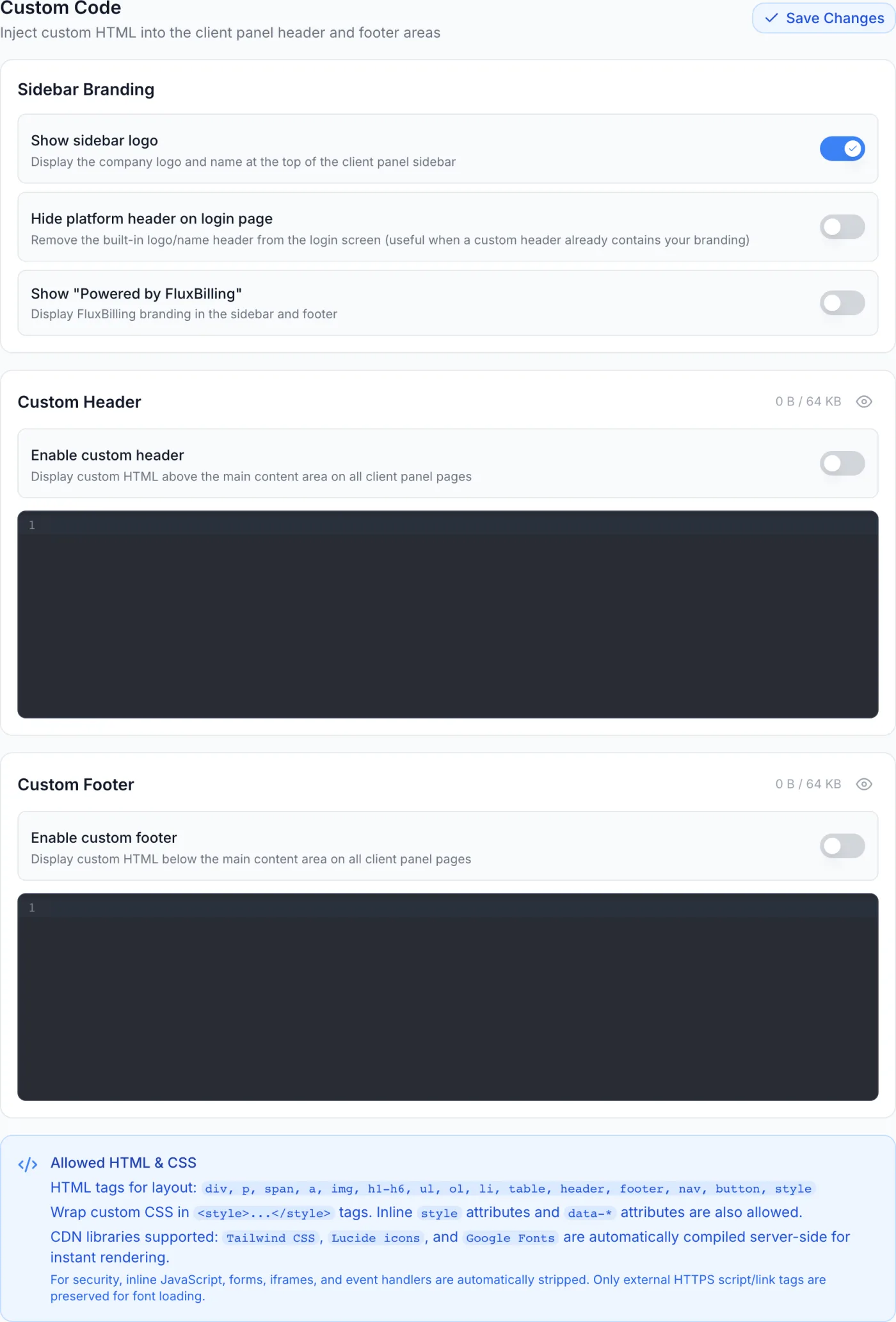 Custom Code settings page showing the Sidebar Branding card with three toggles, a Custom Header code editor with a size indicator, a Custom Footer editor, and the Allowed HTML and CSS help panel