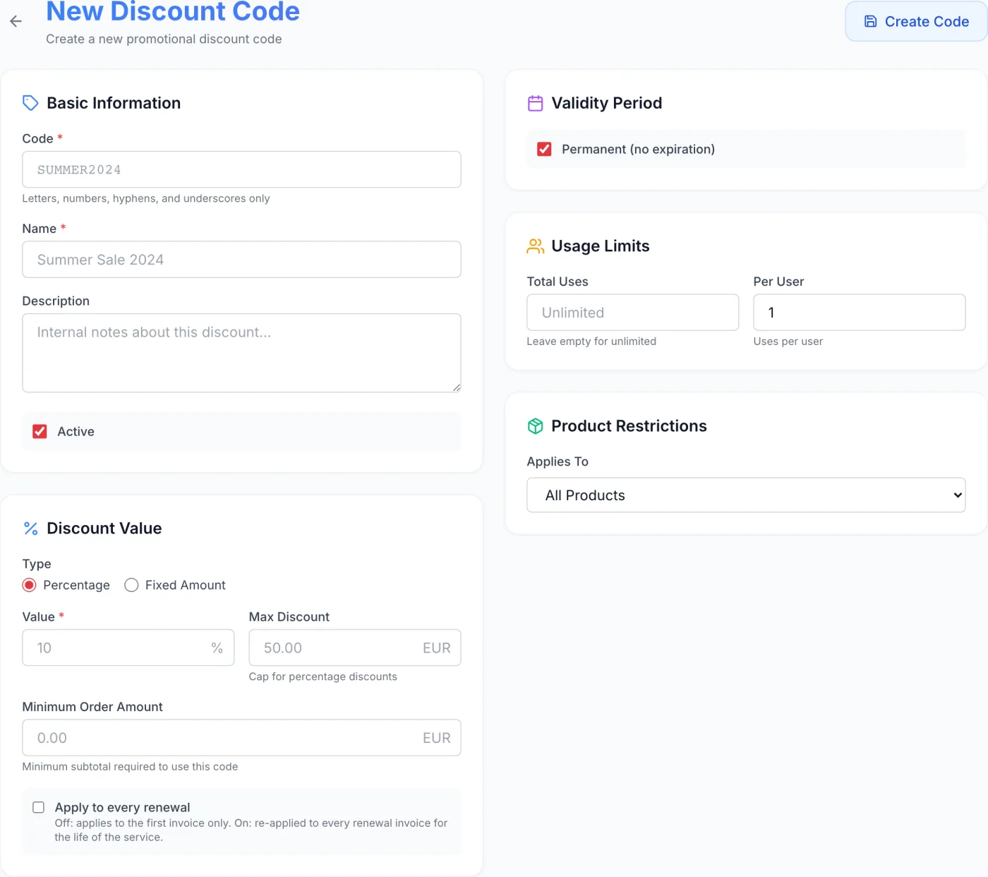 The New Discount Code dialog showing the Code and Name fields, a Percentage/Fixed Amount type selector with value and usage-limit inputs, an Active toggle, and an Advanced Options expander