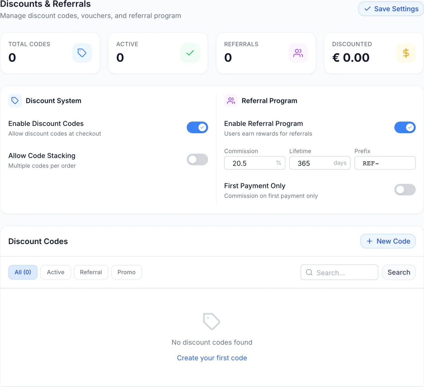 Discounts and Referrals settings showing the statistics strip, the Discount System and Referral Program toggles, and the discount codes table