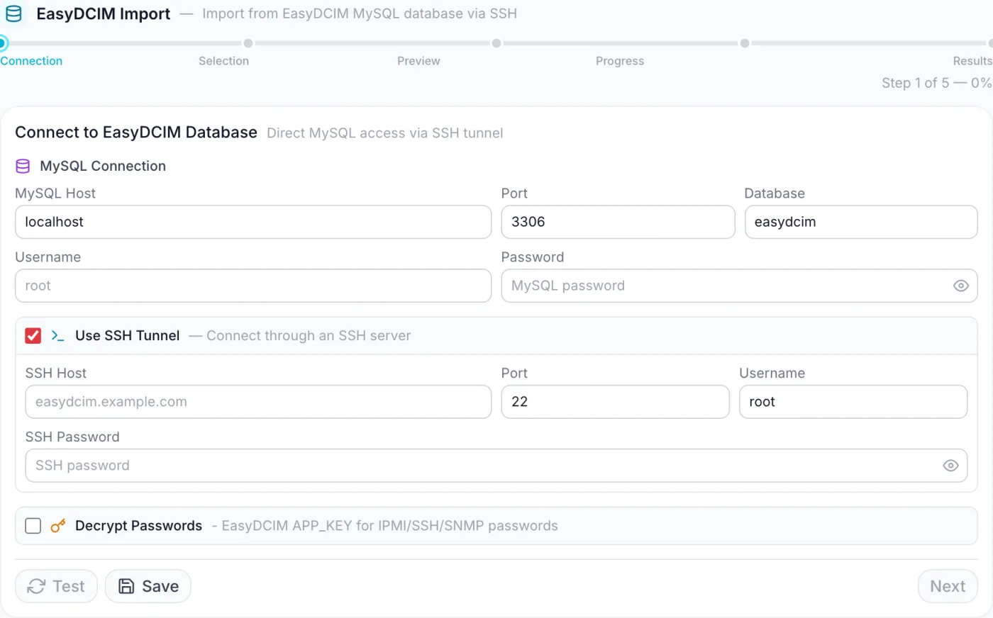 EasyDCIM Migration wizard showing the five-step stepper and the Connection step with MySQL fields, an SSH Tunnel section, and a Decrypt Passwords section