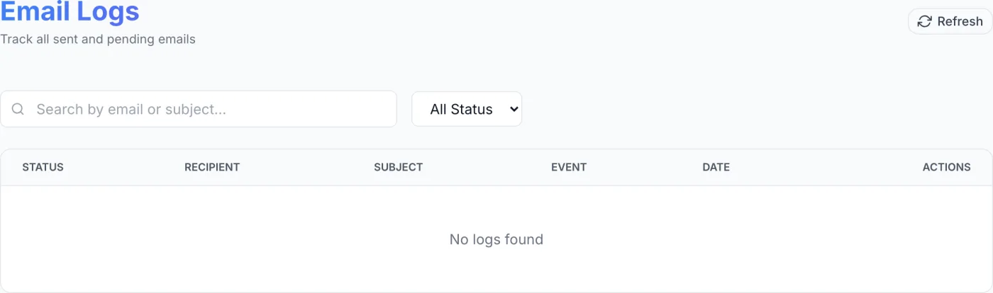 Email Logs page showing colored status count cards across the top, a search box and status dropdown, and a table of outbound messages with Status, Recipient, Subject, Event, Date and Actions columns