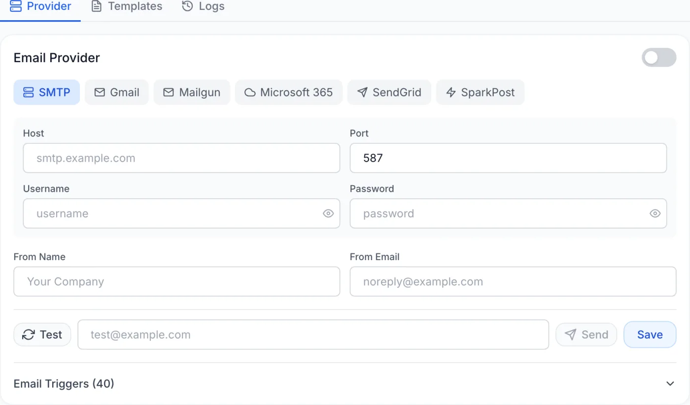 The Email settings page showing the Provider, Templates, and Logs sub-tabs, a provider picker with SMTP, Gmail, Mailgun, Microsoft 365, SendGrid, and SparkPost, plus From Name and From Email fields and Test, Send, and Save buttons.
