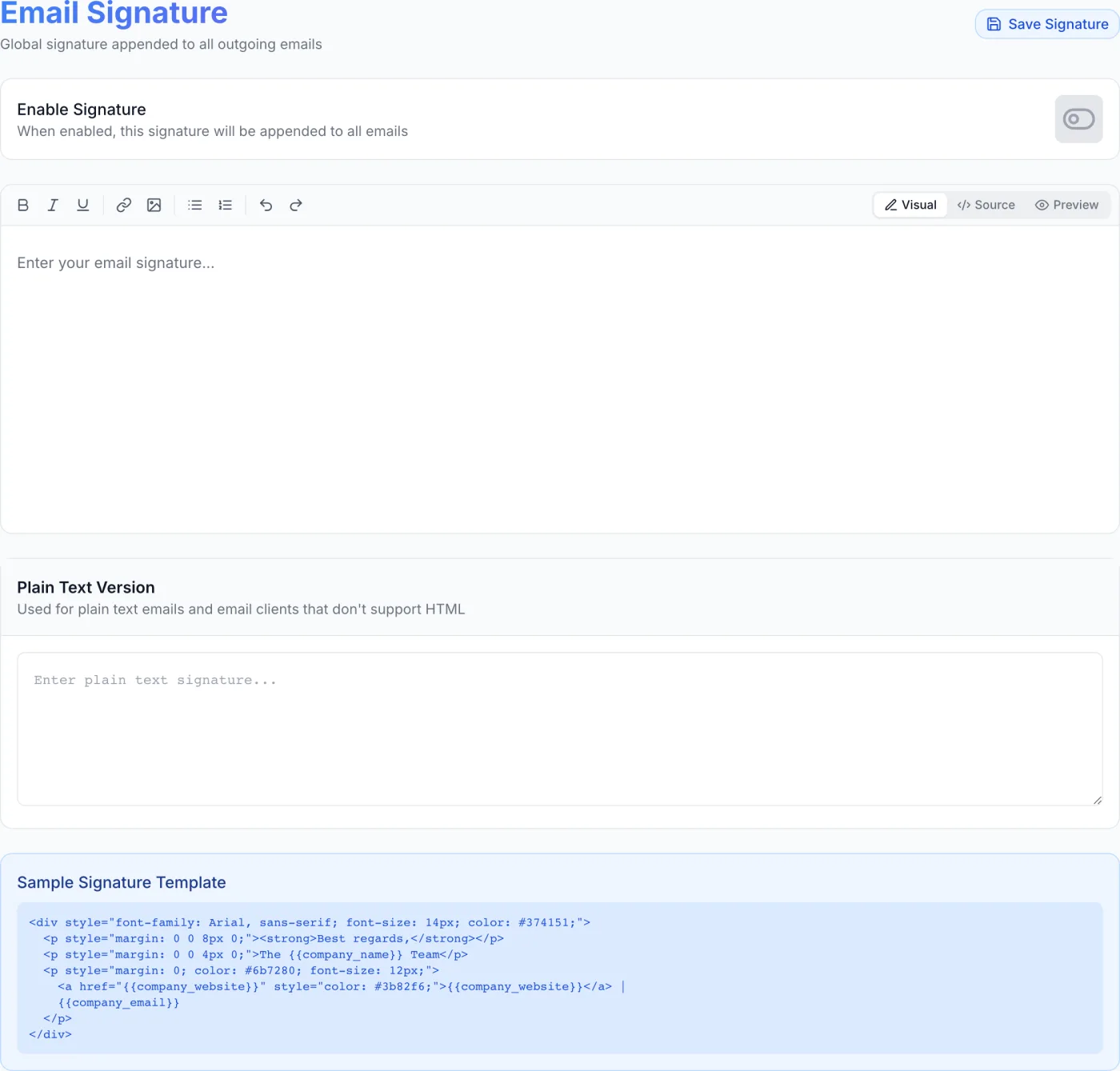 Email Signature admin page showing the Enable Signature toggle, a rich-text editor with Visual, Source and Preview tabs, a Plain Text Version box, and a sample signature template