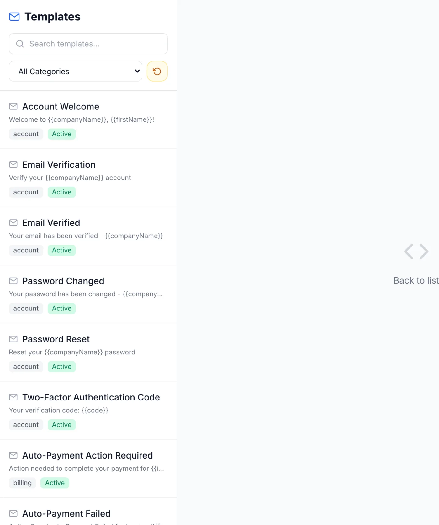 Email Templates page showing the template list with a search box and category dropdown, and the editor with an HTML Content code editor and a row of variable chips