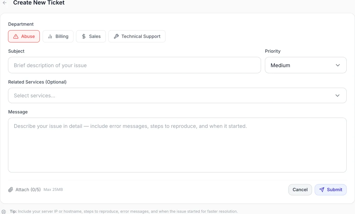 New ticket form with department selector buttons, subject and priority fields, a related-services selector, a message box, and a paperclip attach button
