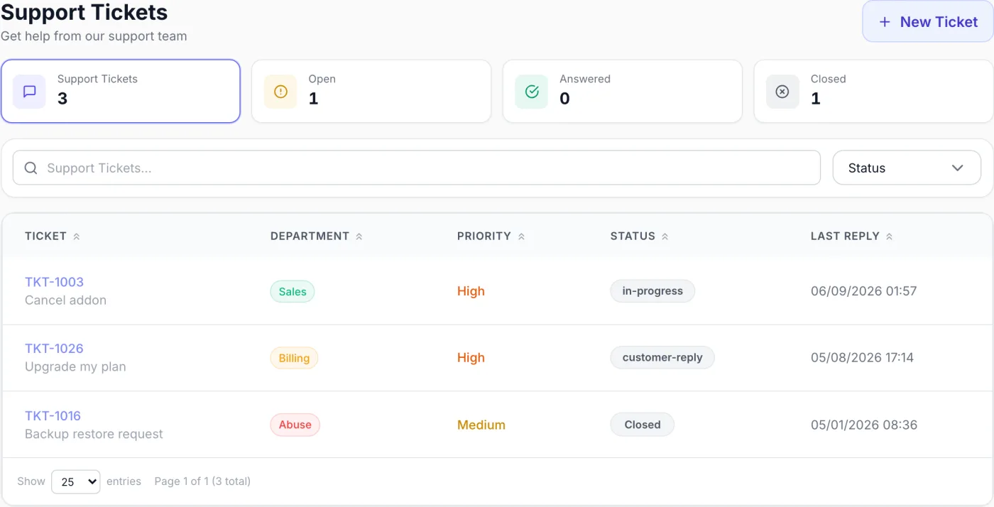 Client portal Tickets page showing summary cards for total, open, answered and closed tickets, a search box, a status filter, and a sortable list of support requests