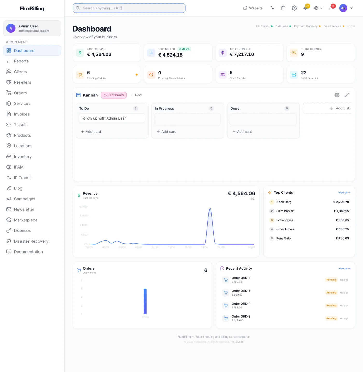 Admin header bar with the global search box open, showing results grouped by record type such as Clients, Invoices and Tickets