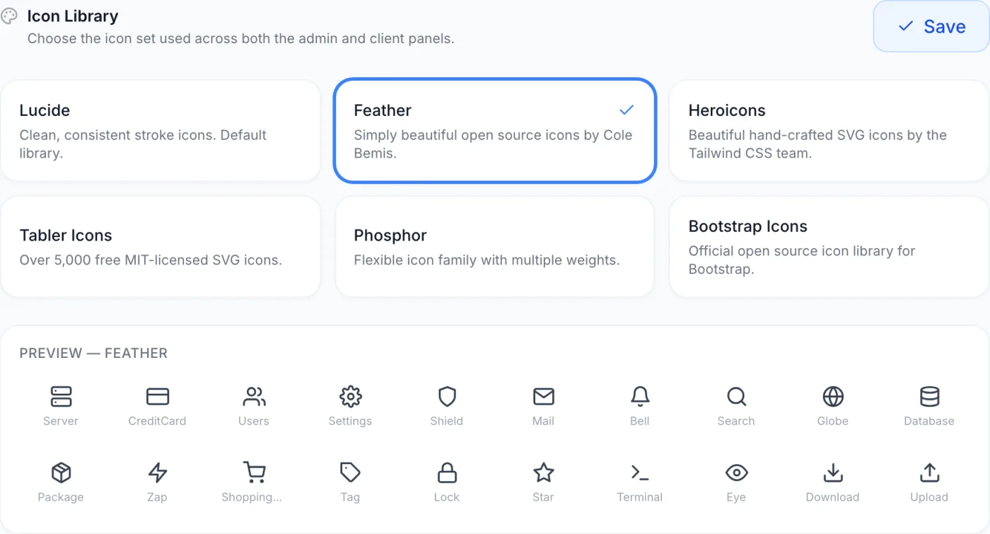 The Icons settings page showing six selectable icon-library cards above a preview grid of sample icons