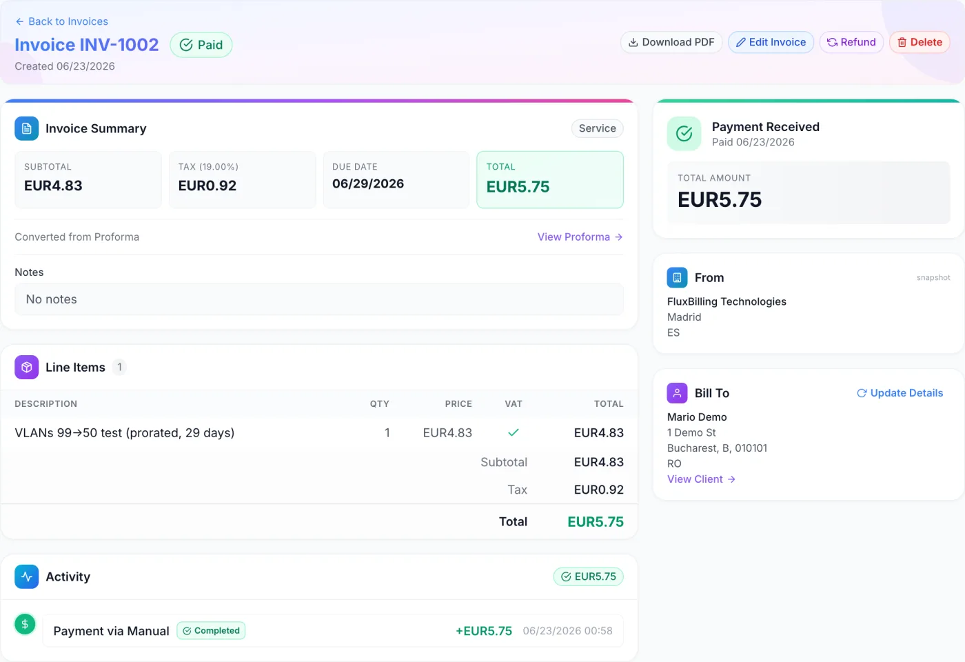 Invoice Details page showing the invoice number and status in the header, a summary card with subtotal, tax, due date and total, a line items table, an activity timeline, and From and Bill To address cards in the right sidebar