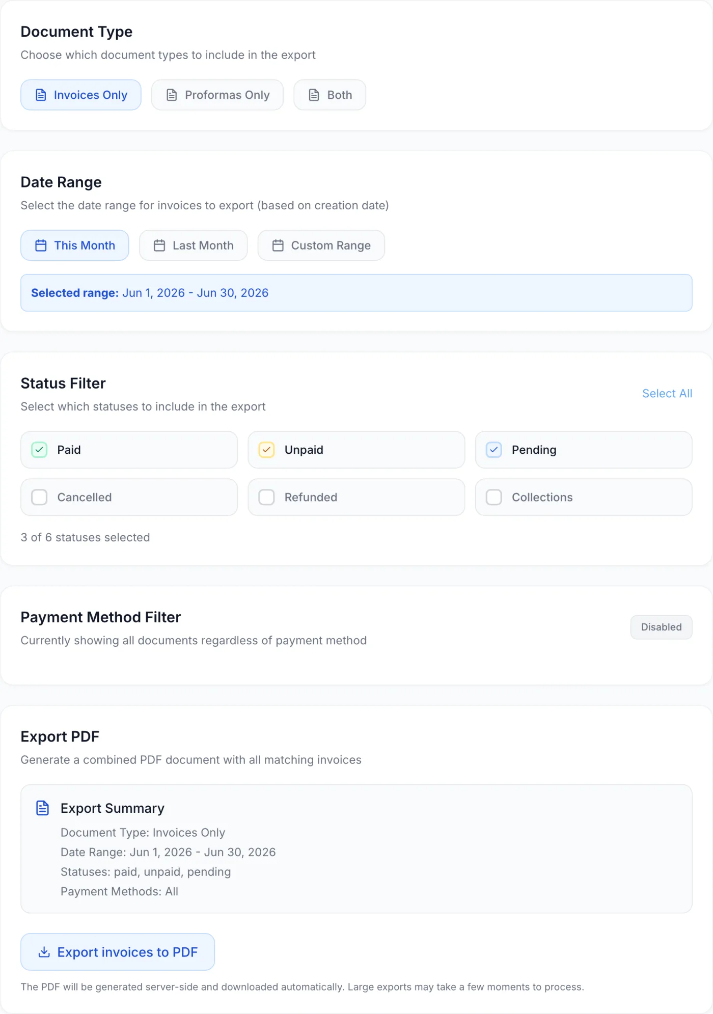 Invoice Export settings page showing Document Type buttons, Date Range presets, a Status Filter grid of coloured checkboxes, and the Export Summary block with an Export to PDF button