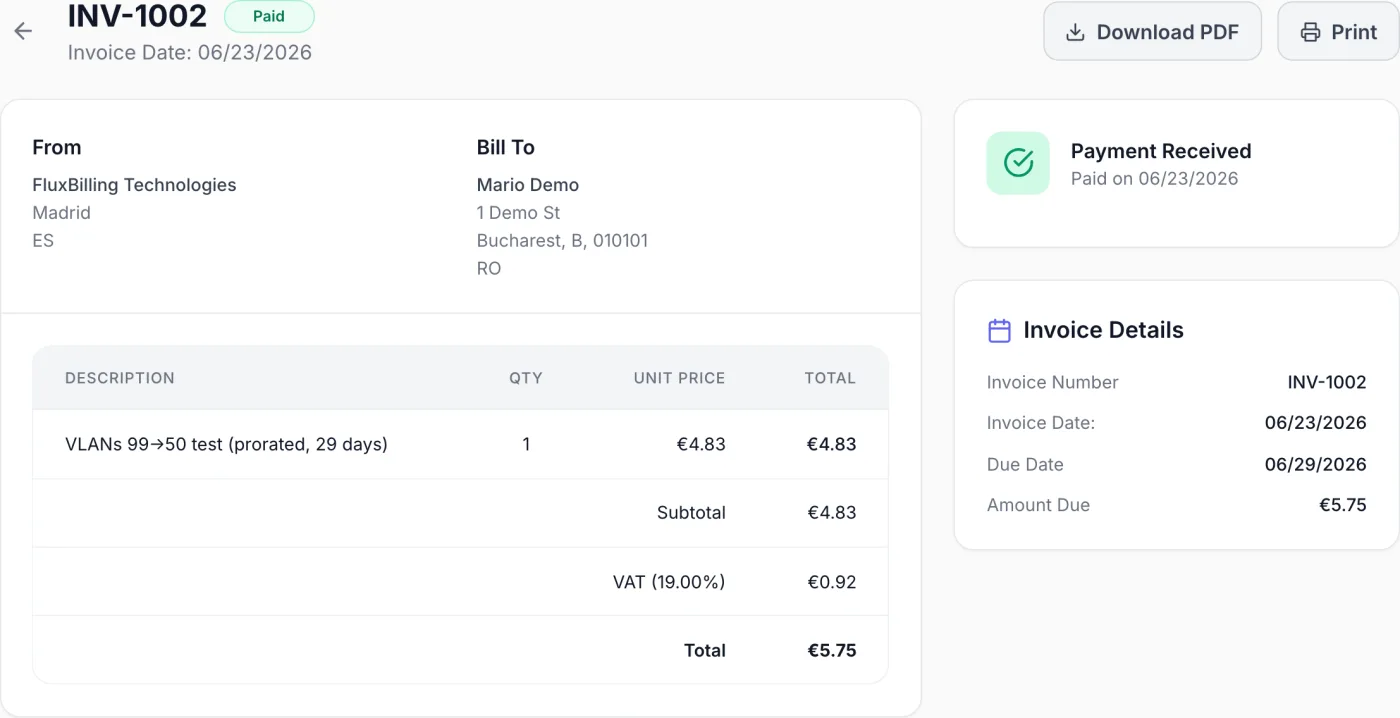 Invoice detail page showing the From and Bill To addresses, a line-item table with quantity, unit price and totals, a payment status panel, and Download PDF, Print, Share and Pay Now buttons