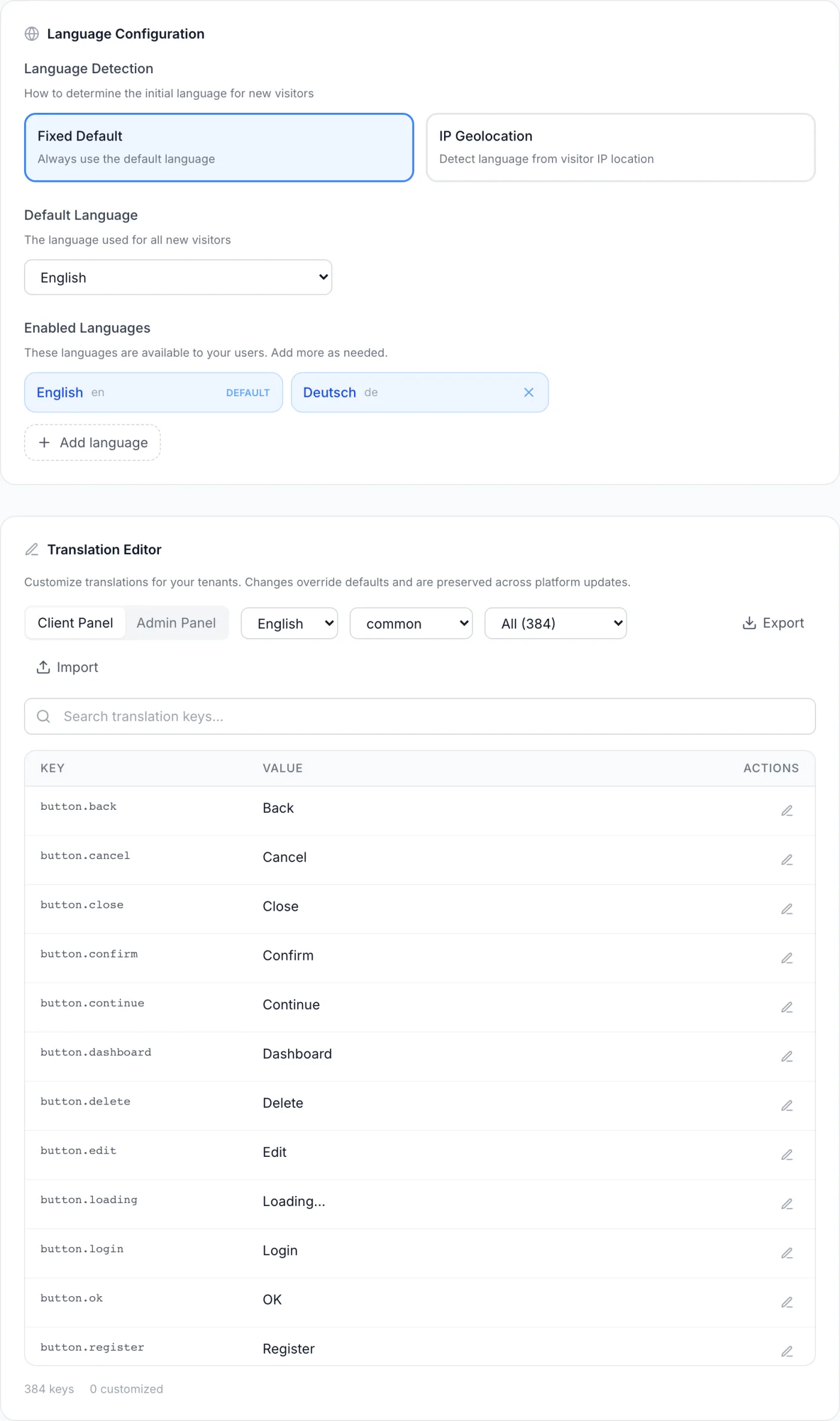 Languages and Translations settings page showing the Language Configuration card with detection mode buttons, a default language dropdown, enabled-language chips, and the Translation Editor below with panel tabs and a key/value table