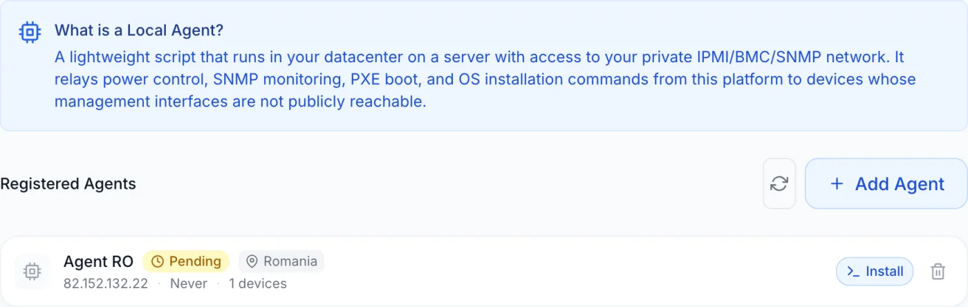 Local Agents settings page: a blue 'What is a Local Agent?' banner at the top, a Registered Agents header with a refresh icon and an Add Agent button, and one agent row showing a Pending status badge, a location pill, the SSH host IP, last-heartbeat time, device count, and Install and delete buttons.