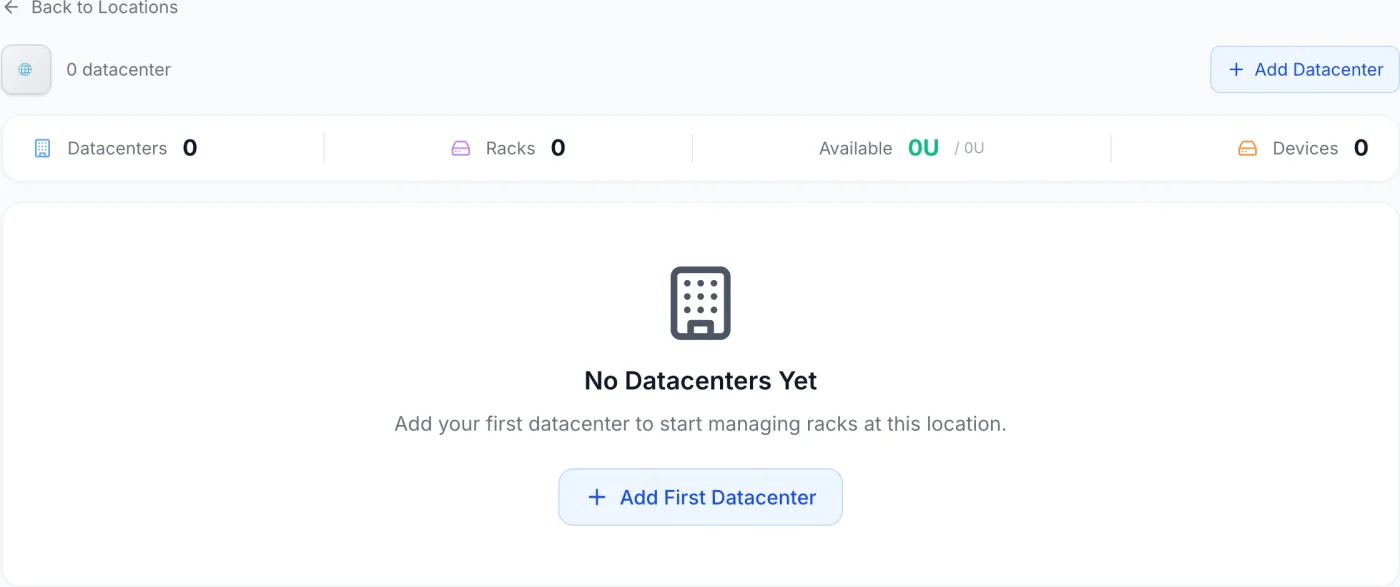 Location Details page showing the country header, an inline KPI strip with Datacenters, Racks, Available and Devices totals, and a grid of datacenter cards each with a capacity bar and an Active pill