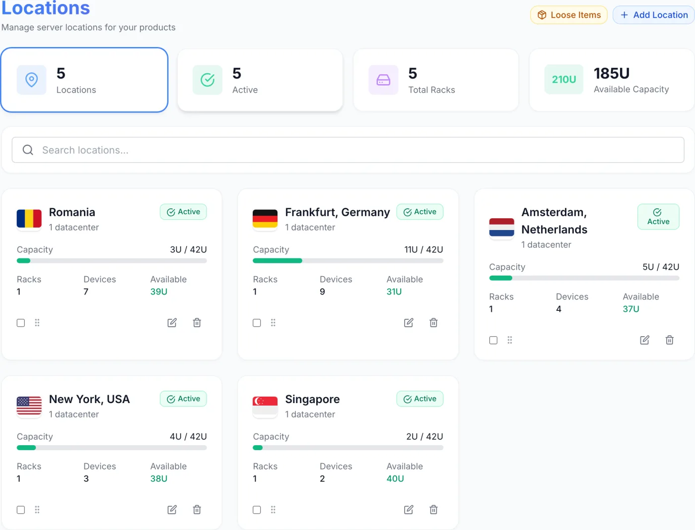 The Locations page showing summary tiles across the top, a search bar, and a grid of country cards each with a flag, capacity bar, and rack and device counts