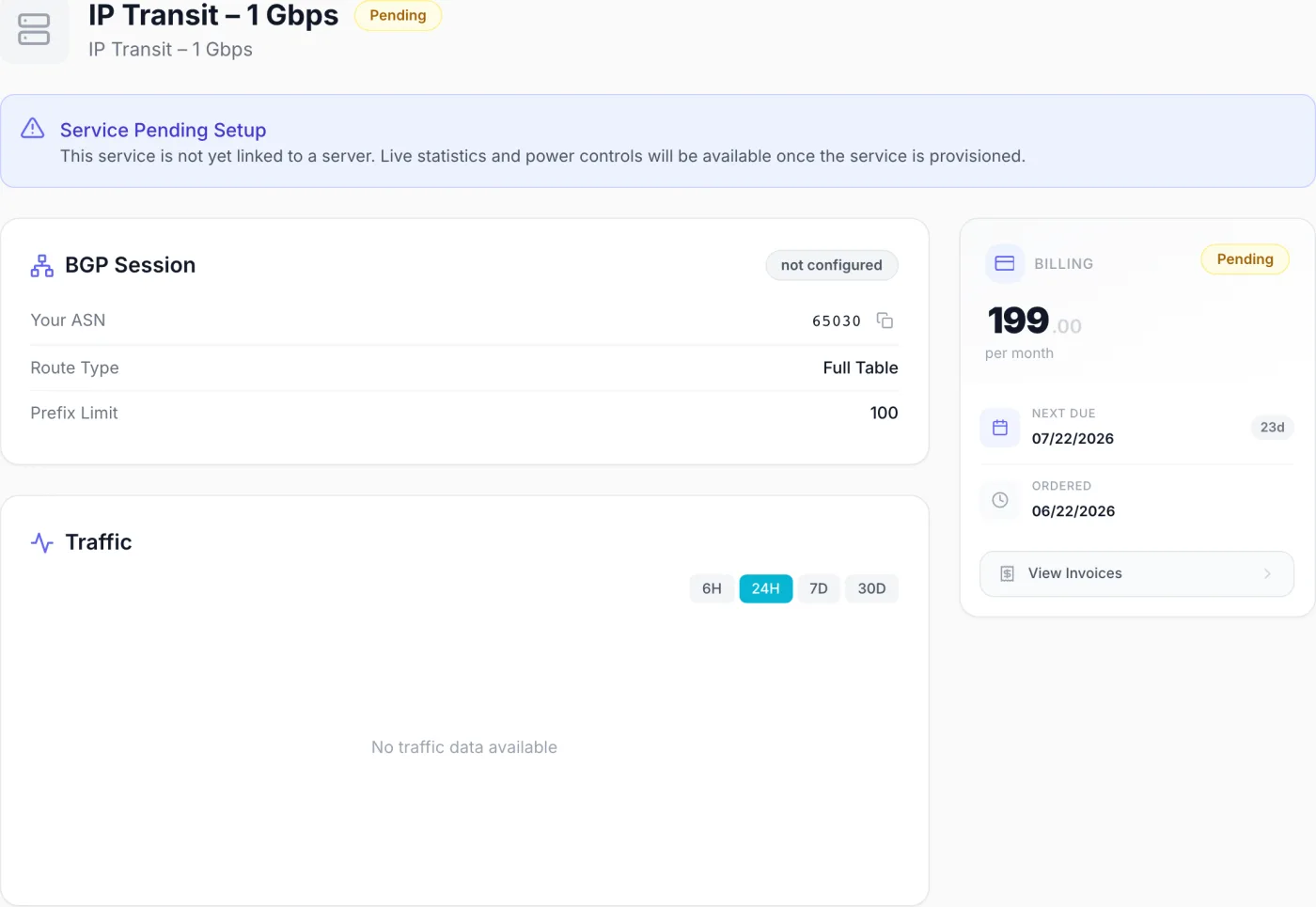 A service detail page showing the service name and a status badge in the header, a Server Information card with copyable IP address and hostname, and a billing sidebar with price, next due date and a View Invoices link