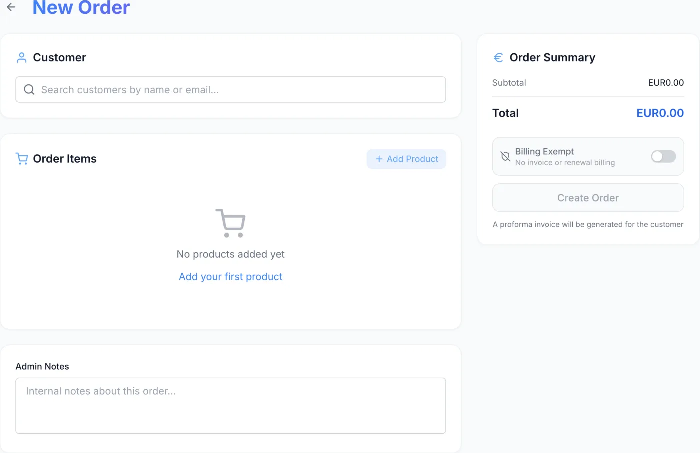 New Order screen showing the Customer card, an Order Items card with an Add Product button, and the Order Summary sidebar with a Billing Exempt toggle and Create Order button