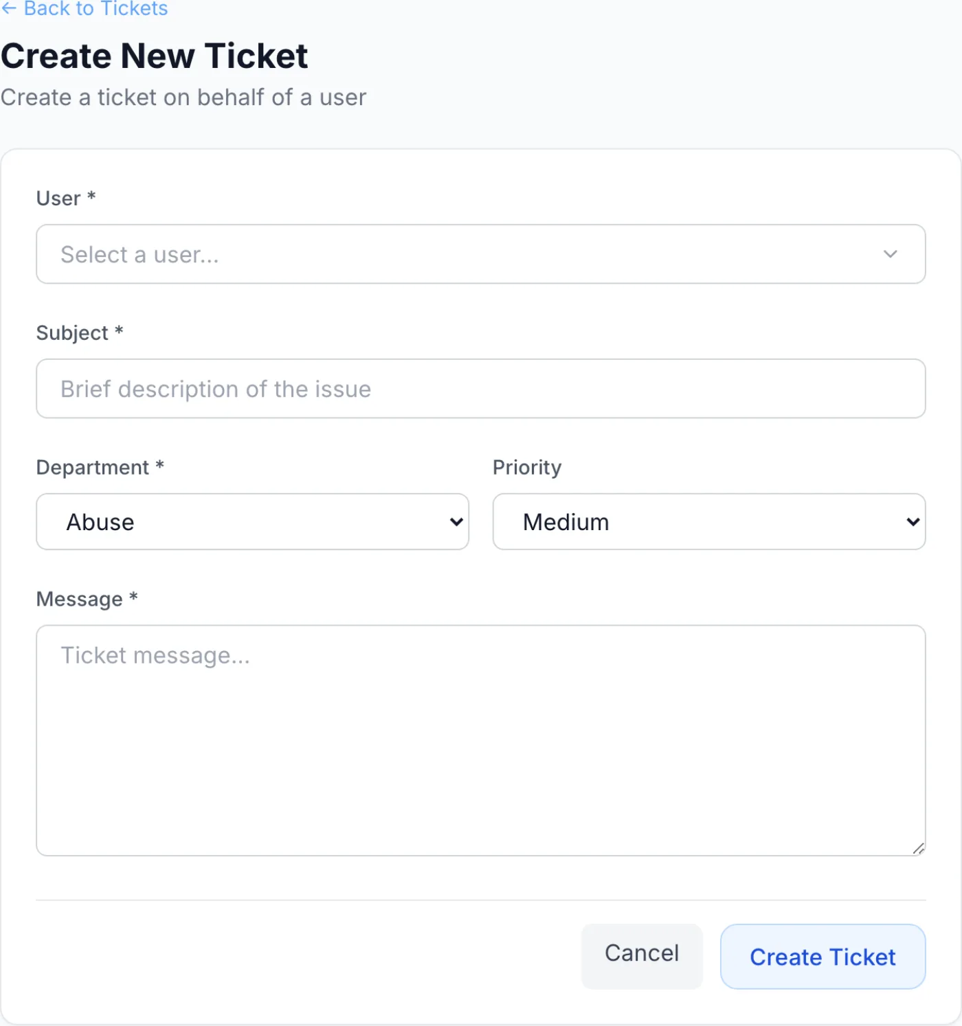The Create New Ticket form showing the User picker, Related Service list, Subject field, Department and Priority dropdowns, and a Message box, with a Create Ticket button at the bottom
