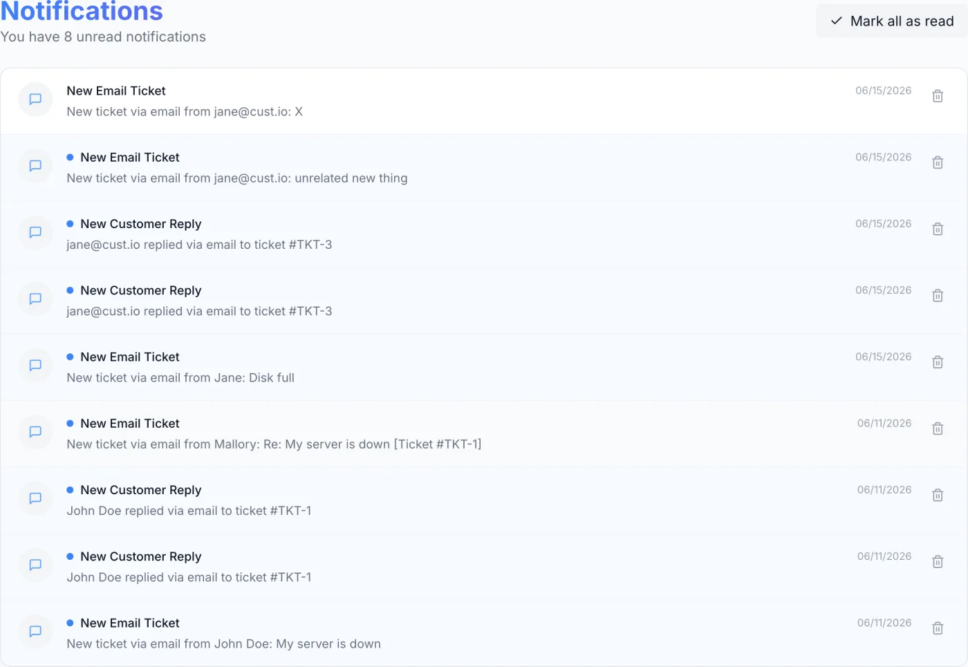 The Notifications page showing a list of notification rows, each with a circular icon, a bold title, a message line, and a relative timestamp, with unread rows tinted blue and a trash icon on the right