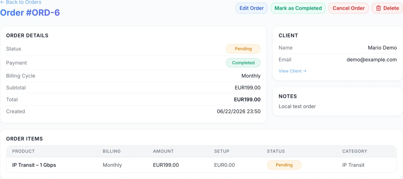 Order Details page showing the order header with status, an Order Details card with billing cycle and totals, a Client card, a Notes card, and an Order Items table