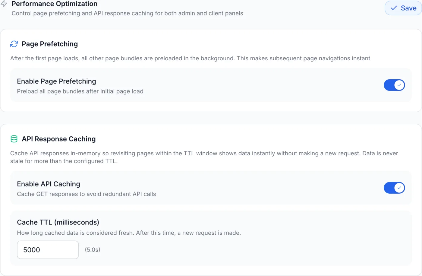 Performance settings screen showing the Page Prefetching card with an Enable Page Prefetching toggle, the API Response Caching card with an Enable API Caching toggle, and a Cache TTL field measured in milliseconds.