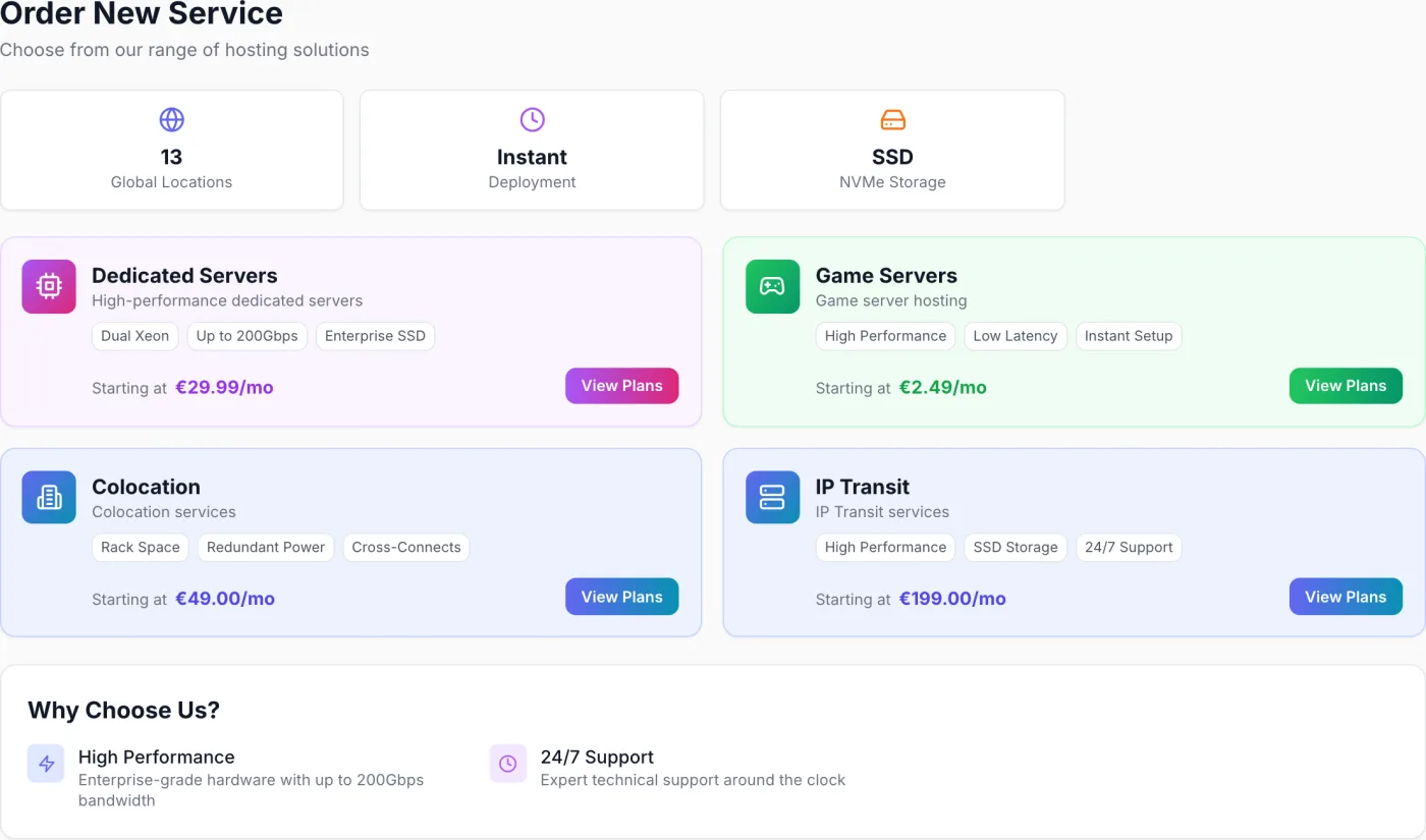 Order page showing service category cards, each with a name, description, feature tags, a starting price and a View Plans button