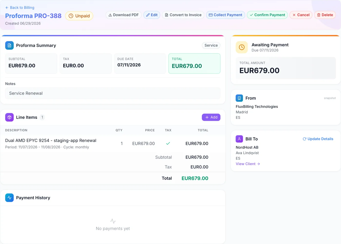 Proforma Details page showing the proforma number and status badge in the header, a summary card with Subtotal, Tax, Due Date and Total tiles, a line items table, a payment history timeline, and a right-hand rail with payment status, From and Bill To cards.