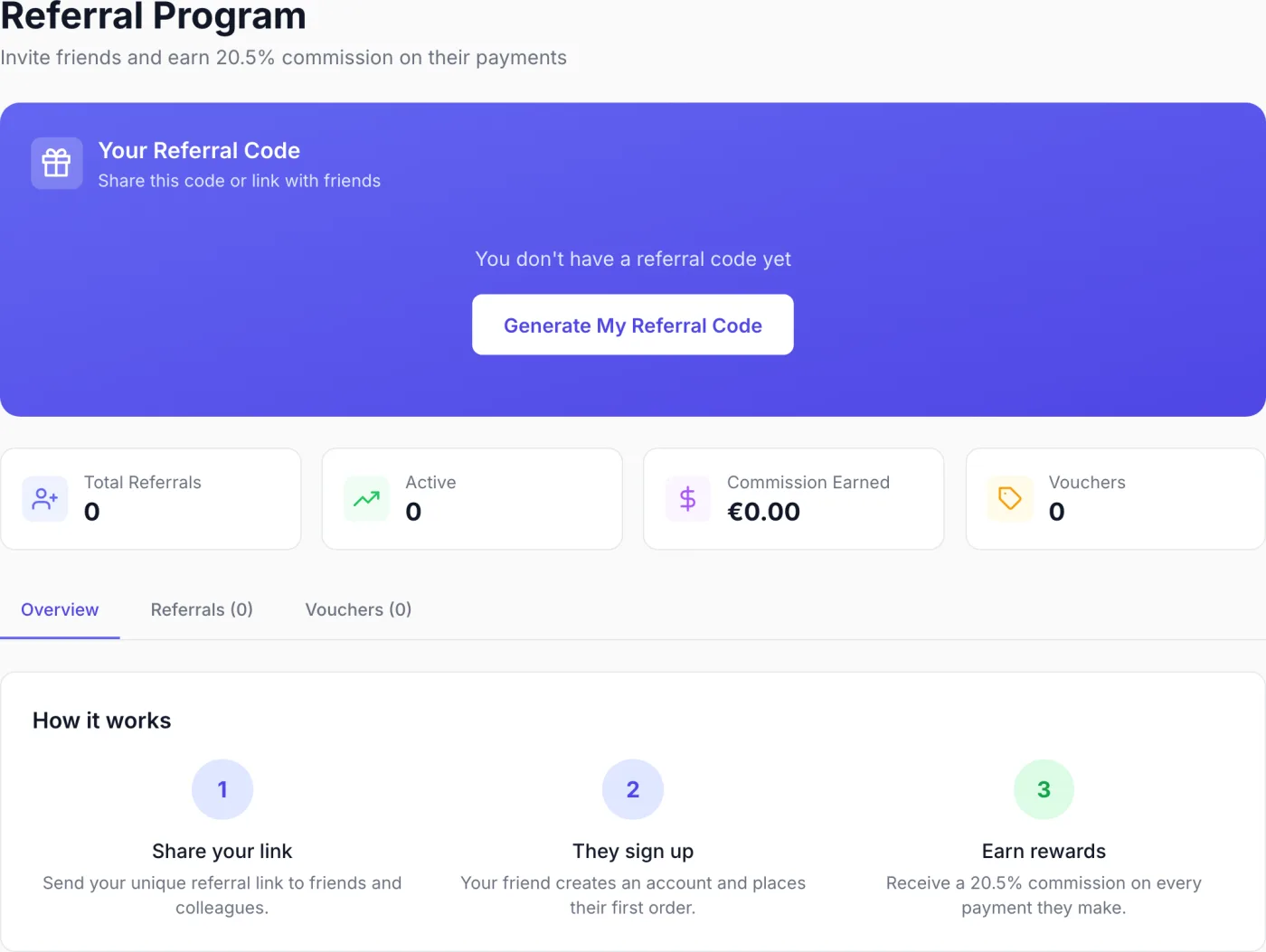Referral Program page showing the blue referral code card, four statistic cards, and the Overview, Referrals and Vouchers tabs
