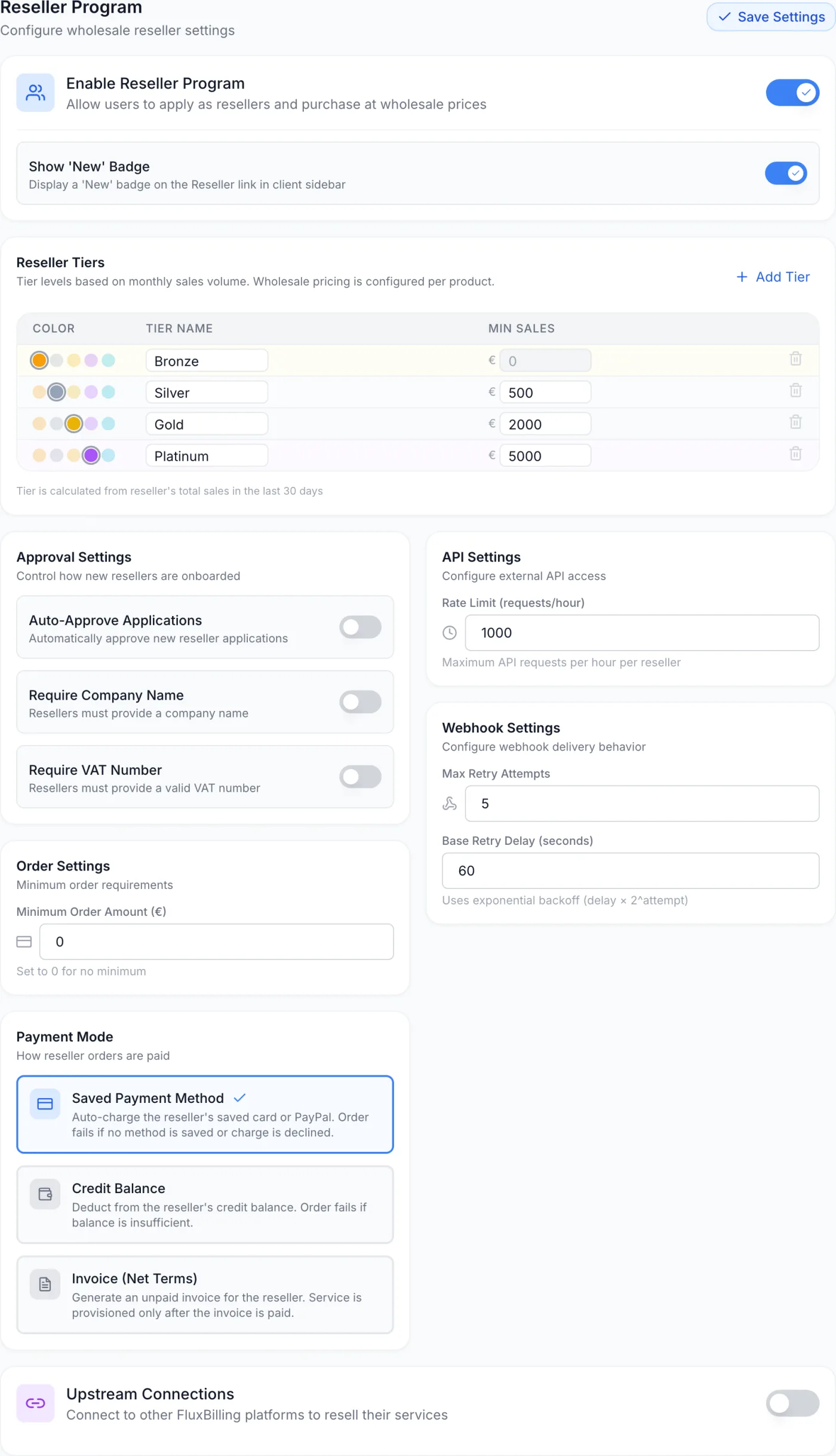 Reseller Program settings page showing the Enable Reseller Program toggle, a tier table, approval toggles, payment mode cards, API and webhook fields, and the upstream connections section