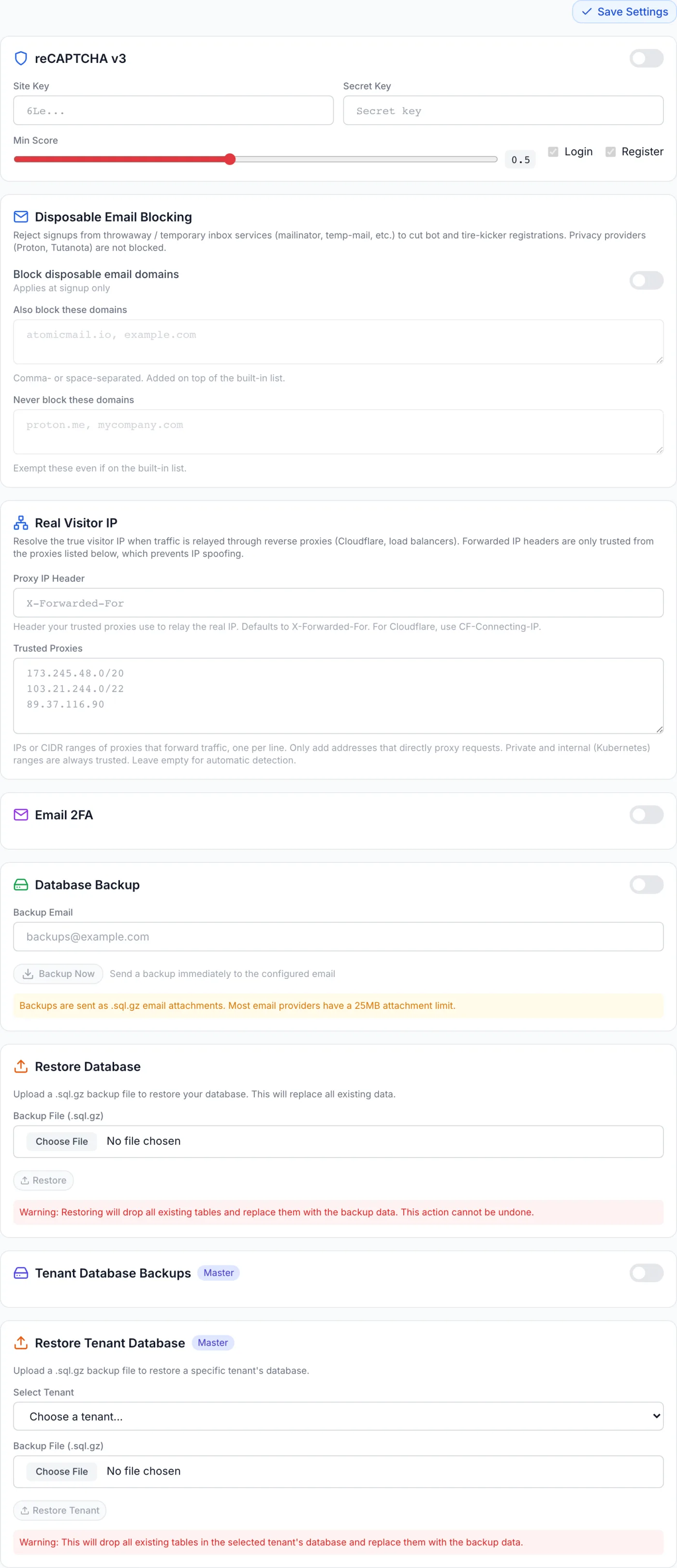 Admin Security settings page showing reCAPTCHA v3, disposable email blocking, real visitor IP, email two-factor authentication, and database backup sections with toggles and input fields