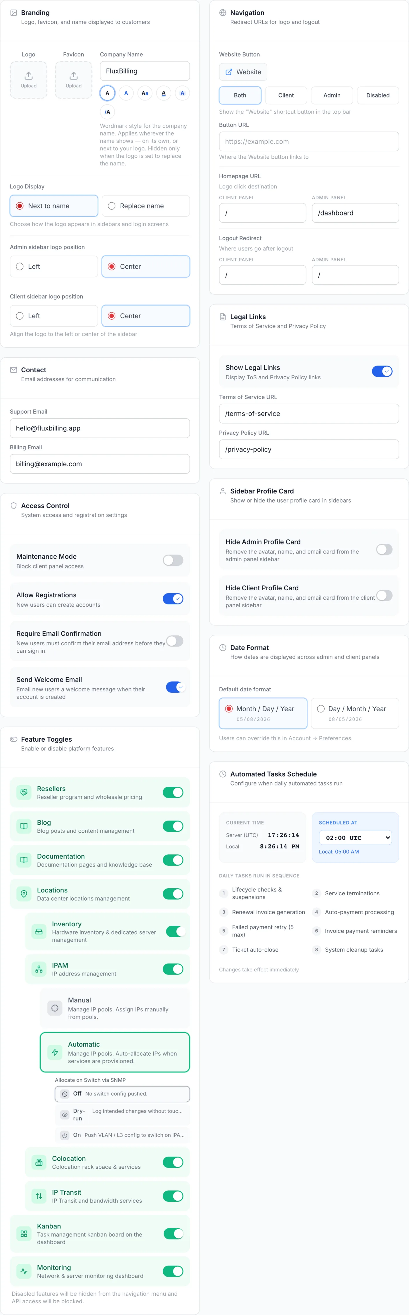 The General settings tab showing the Branding card with logo and favicon uploaders, plus the Contact, Access Control, Feature Toggles, Navigation, Date Format and Automated Tasks Schedule sections