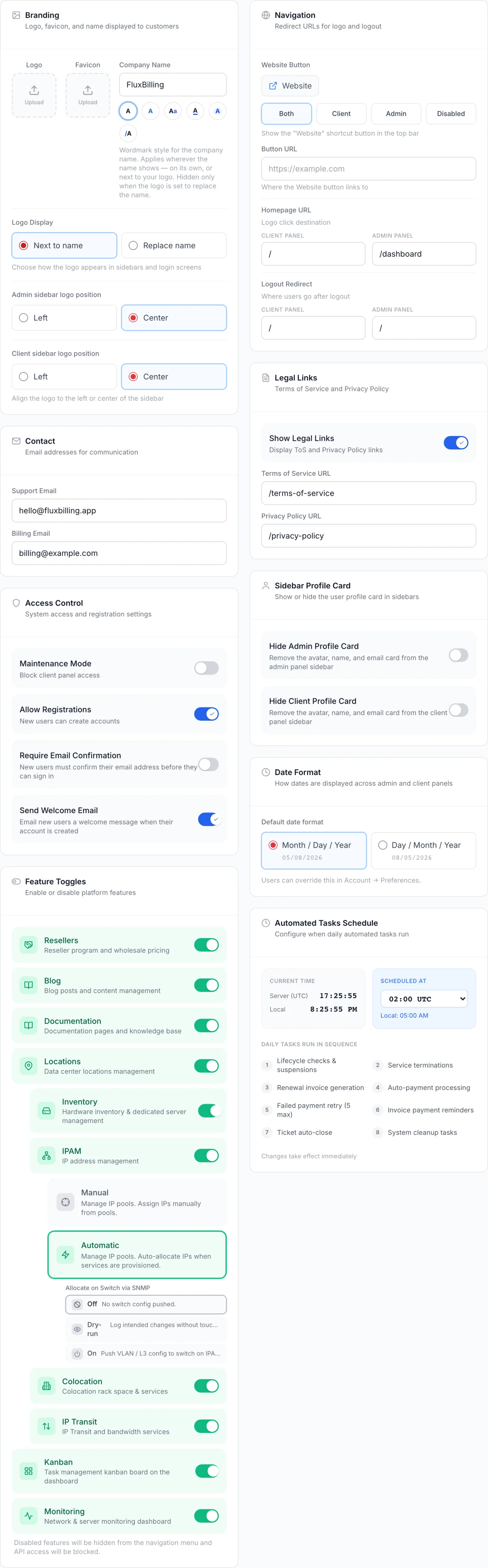 The Settings page showing a grouped left-hand navigator with sections like Organization, Communication and Financial, and the General form open on the right