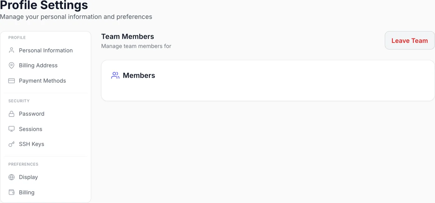 Team Members tab showing the member list with the account owner highlighted, permission counts, last-login times, and an Invite Member button
