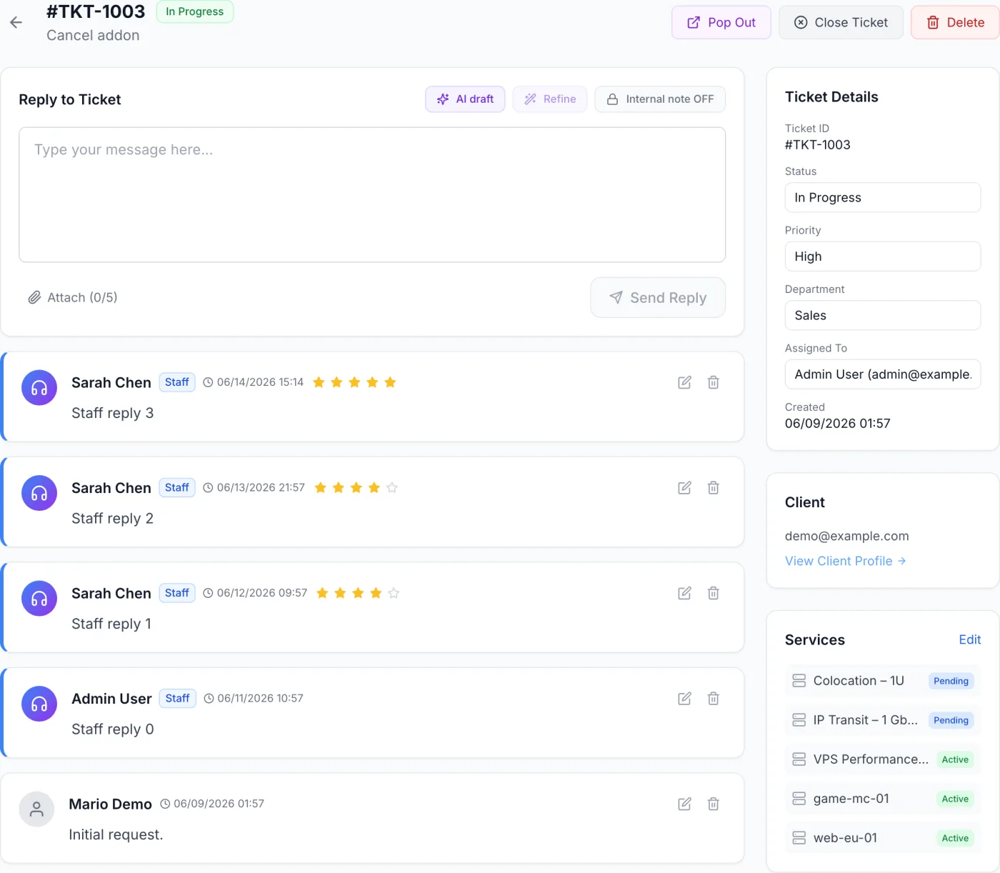 Ticket Details page showing the ticket header with status badge, a reply box at the top, the conversation thread below, and a sidebar with status, priority, department and assignee dropdowns