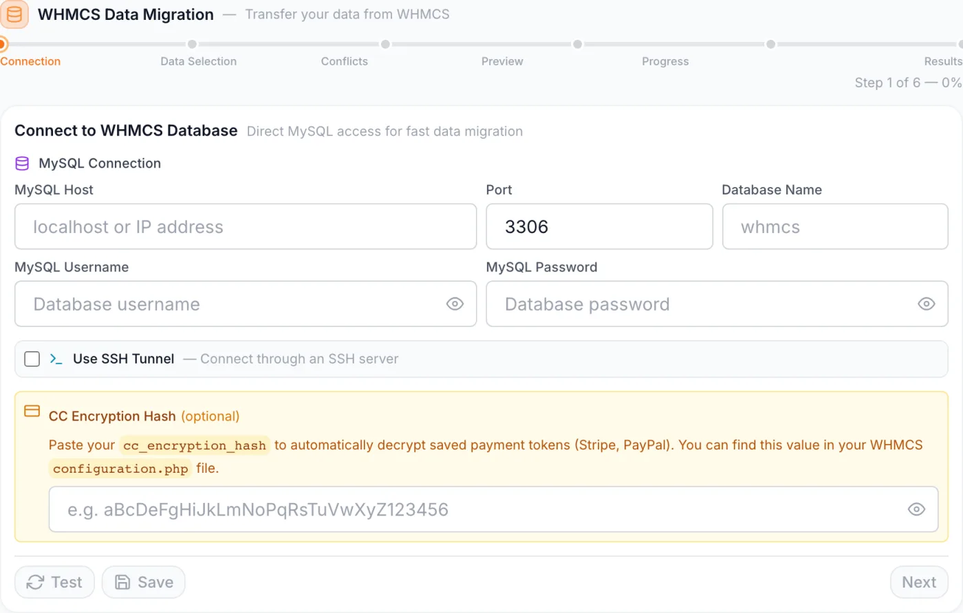 WHMCS Migration wizard showing the six-step progress bar and the Connect to WHMCS Database step with MySQL host, port, database name, username and password fields