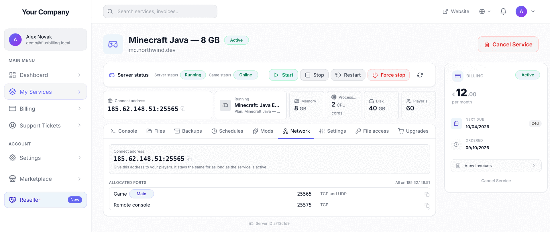 FluxBilling client portal — a running Minecraft Java server showing power controls, the connect address players use, plan memory, CPU cores, disk and player slots, and its allocated ports