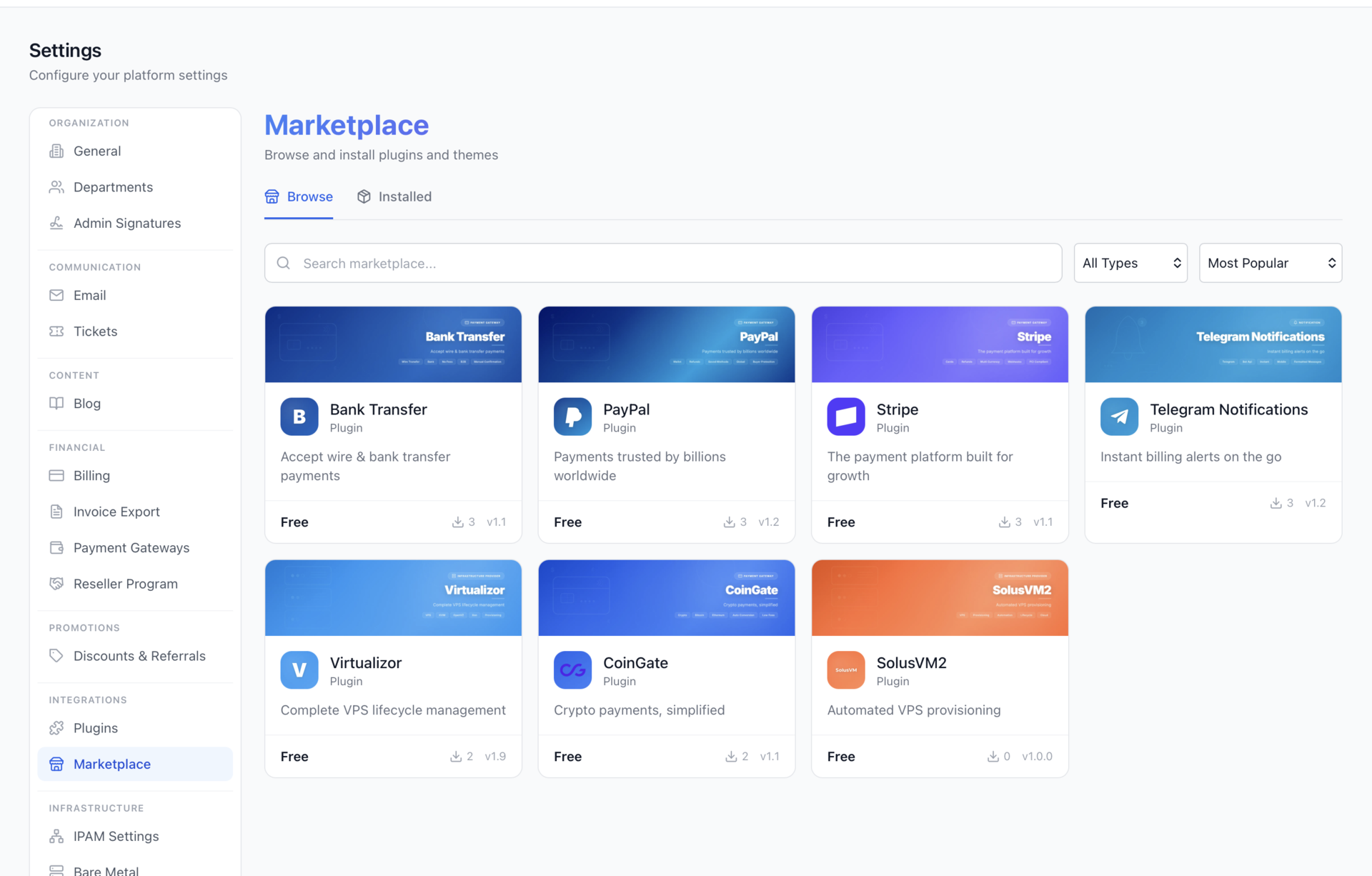 FluxBilling plugin marketplace — install plugins, configure per-tenant connections