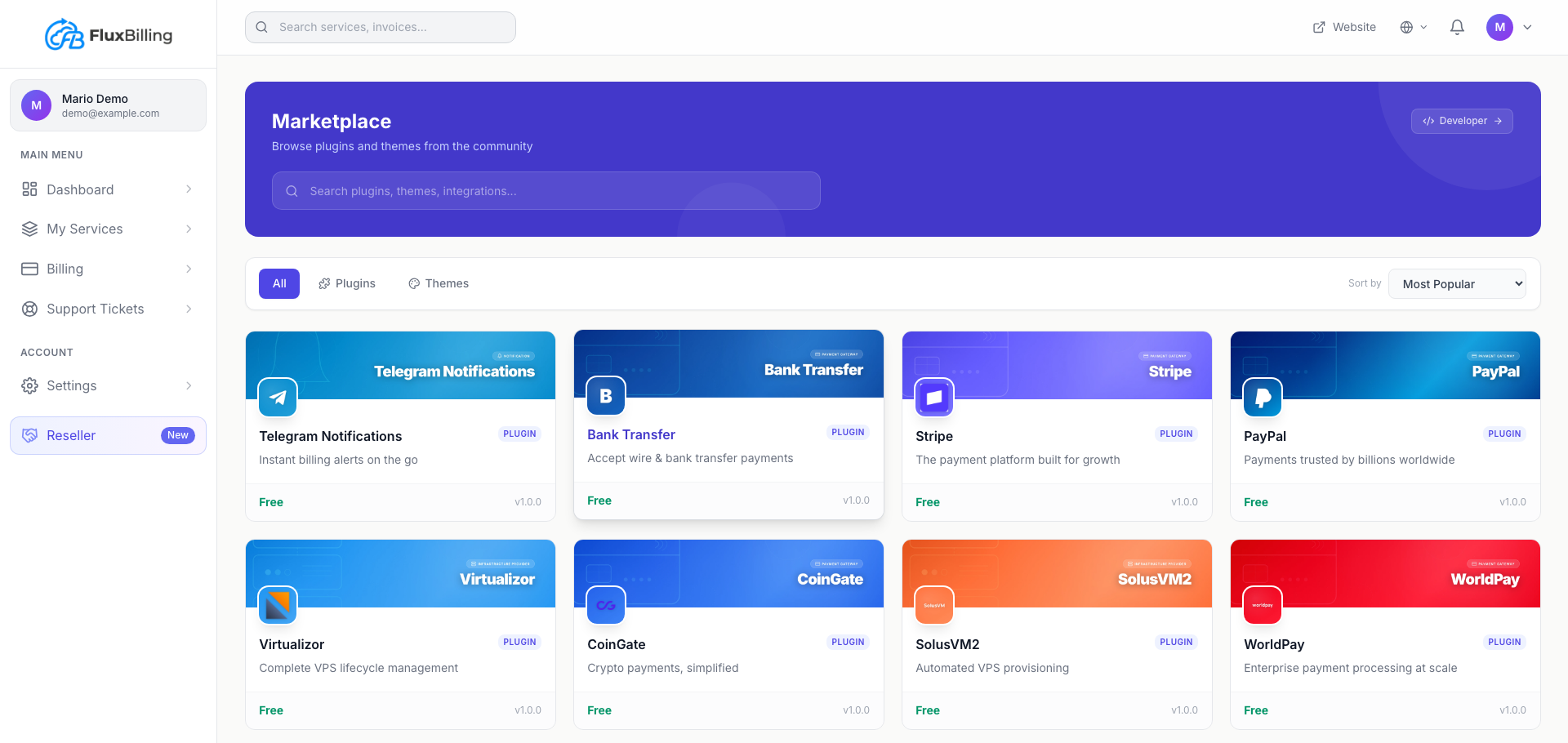 FluxBilling plugin marketplace — install plugins, configure per-tenant connections