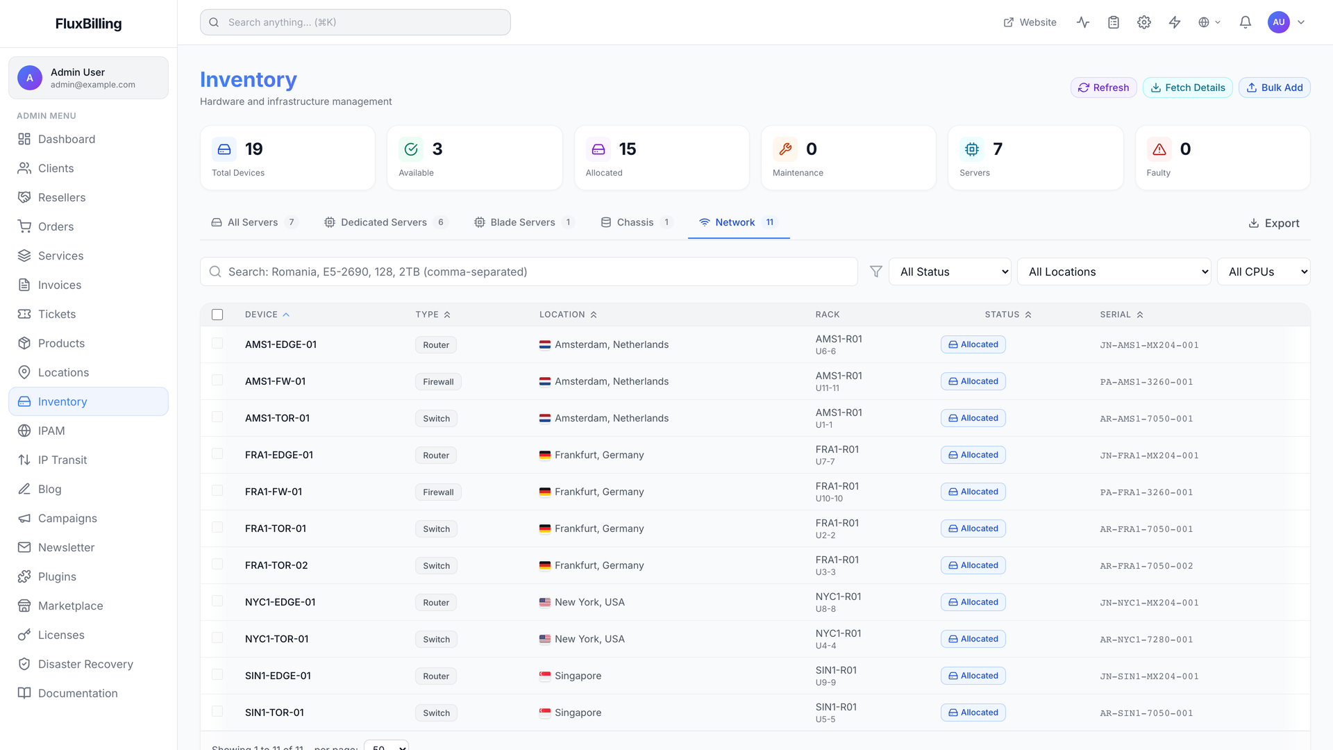 FluxBilling network view — VLANs, subnets, and IP addresses