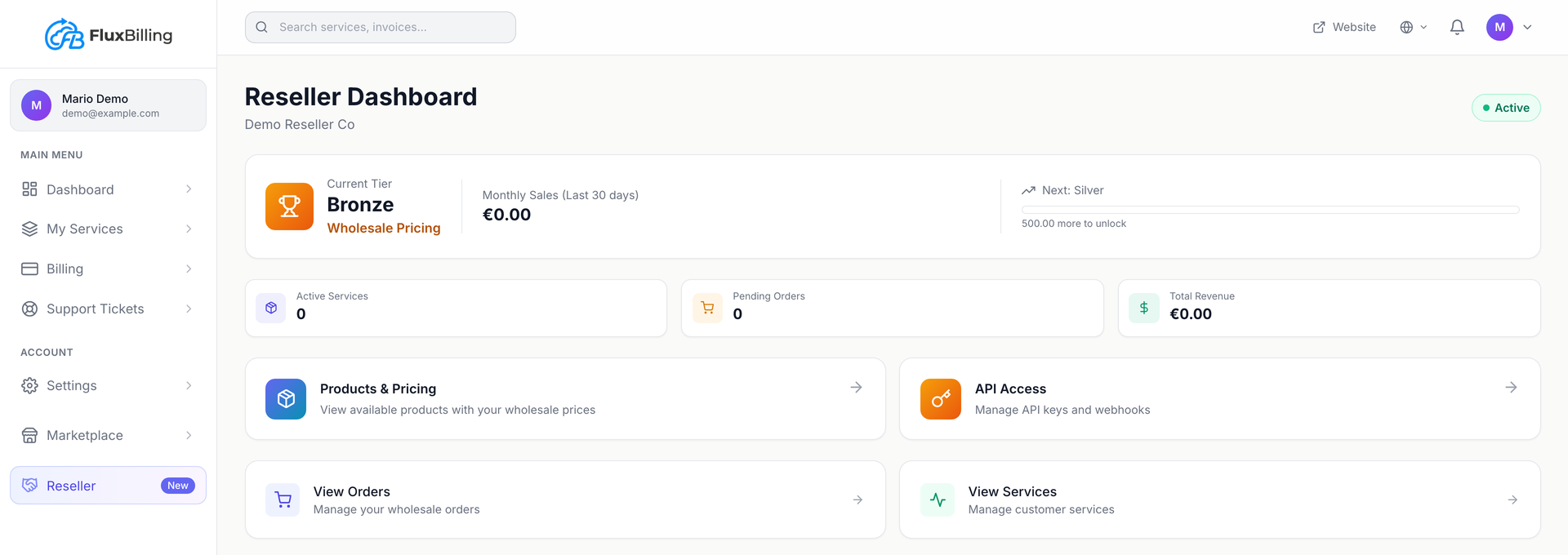 Reseller portal inside the client panel — dashboard, orders, services, products, customers, API settings