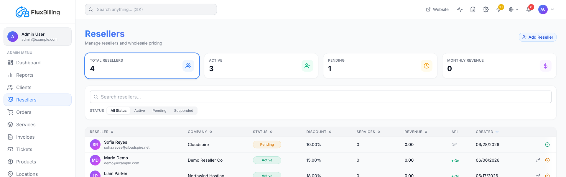 Operator-side reseller administration — approve resellers, set wholesale prices, manage API access