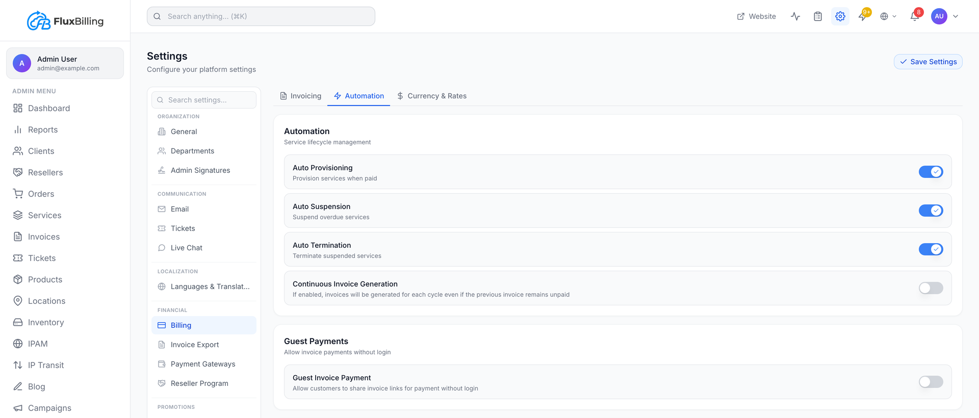 FluxBilling automation settings — auto provisioning, suspension, and termination toggles