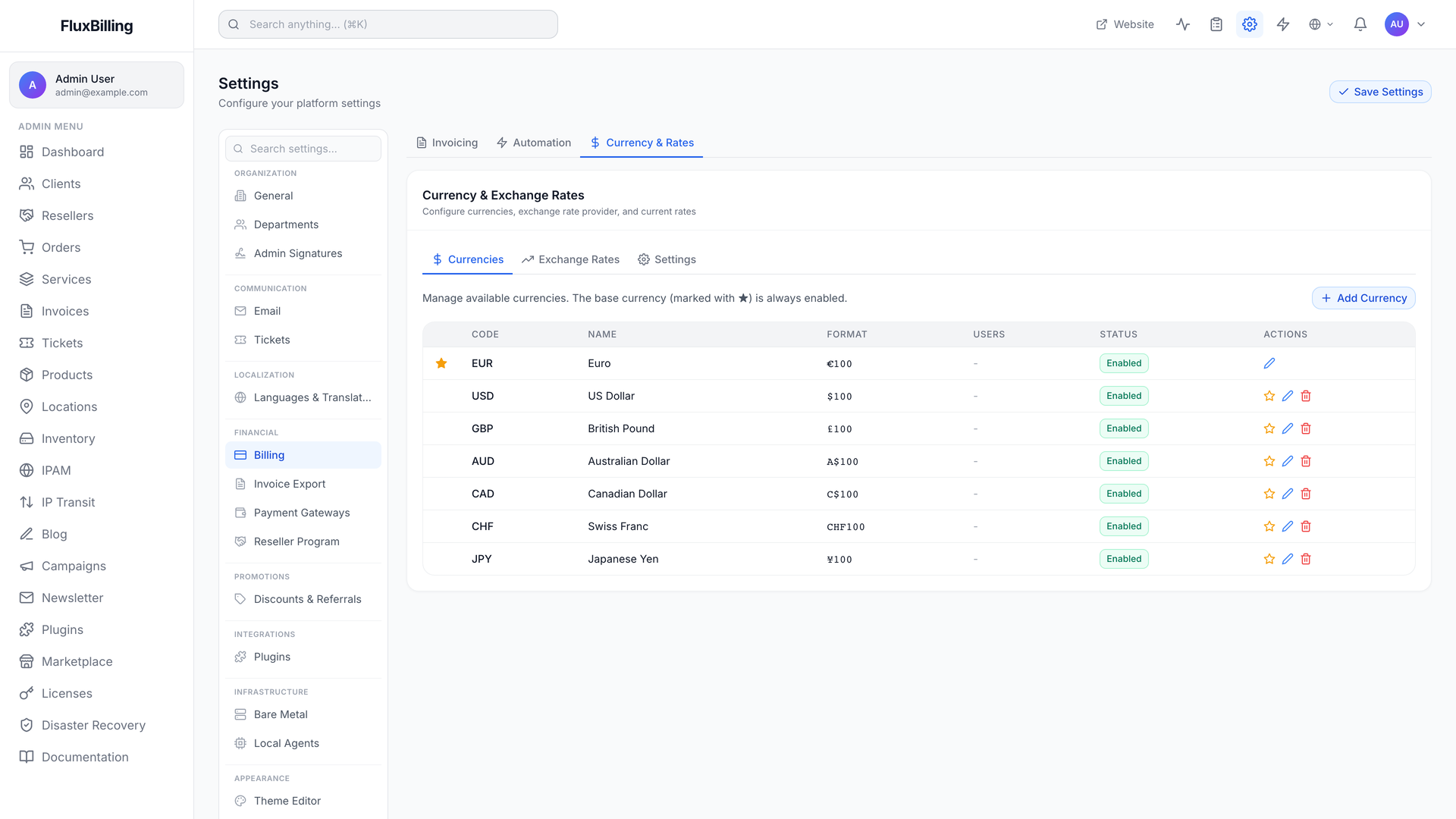 FluxBilling multi-currency settings — exchange rates, FX feed, and per-customer pinning
