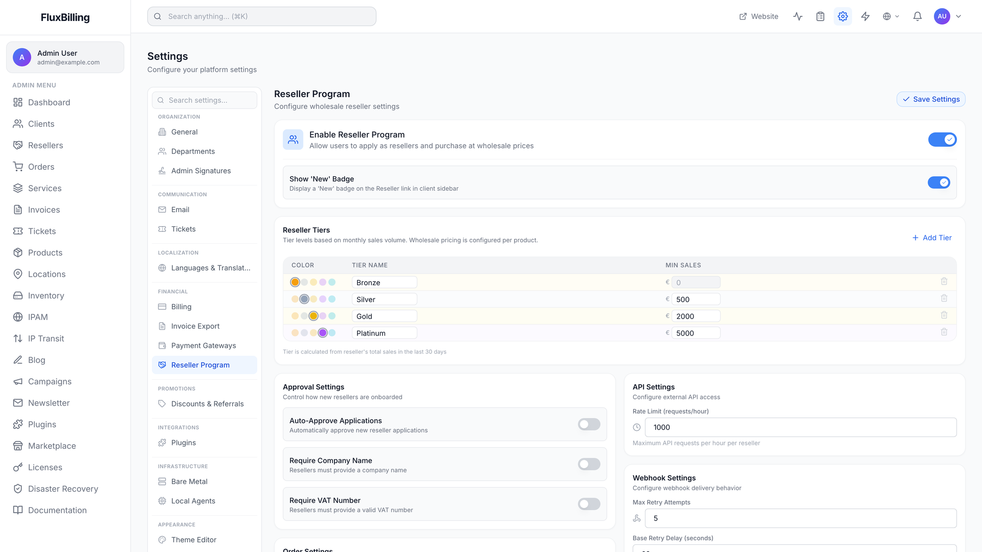 FluxBilling reseller settings — approval status, wholesale pricing, and API credentials
