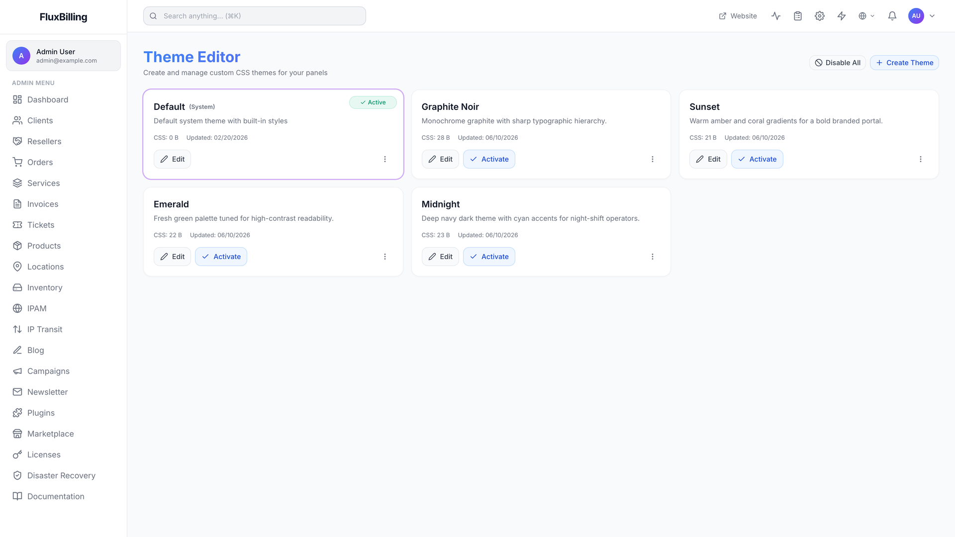 Reseller portal inside the client panel — dashboard, orders, services, products, customers, API settings